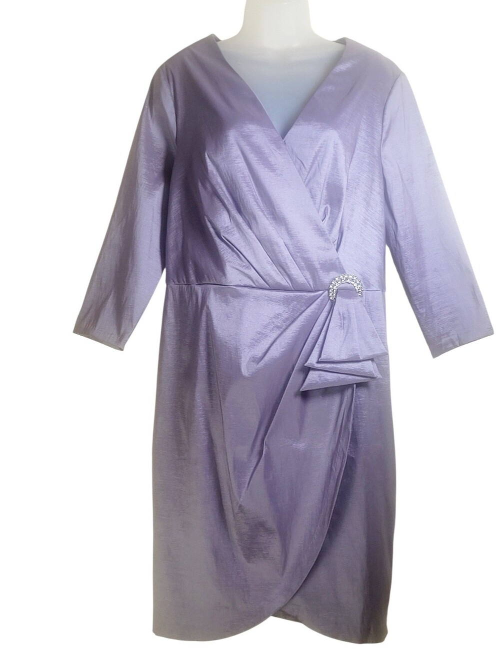 Alex Evenings Dress Knee Length Sleeves Lavender Mock Wrap Rhinestone Size 16